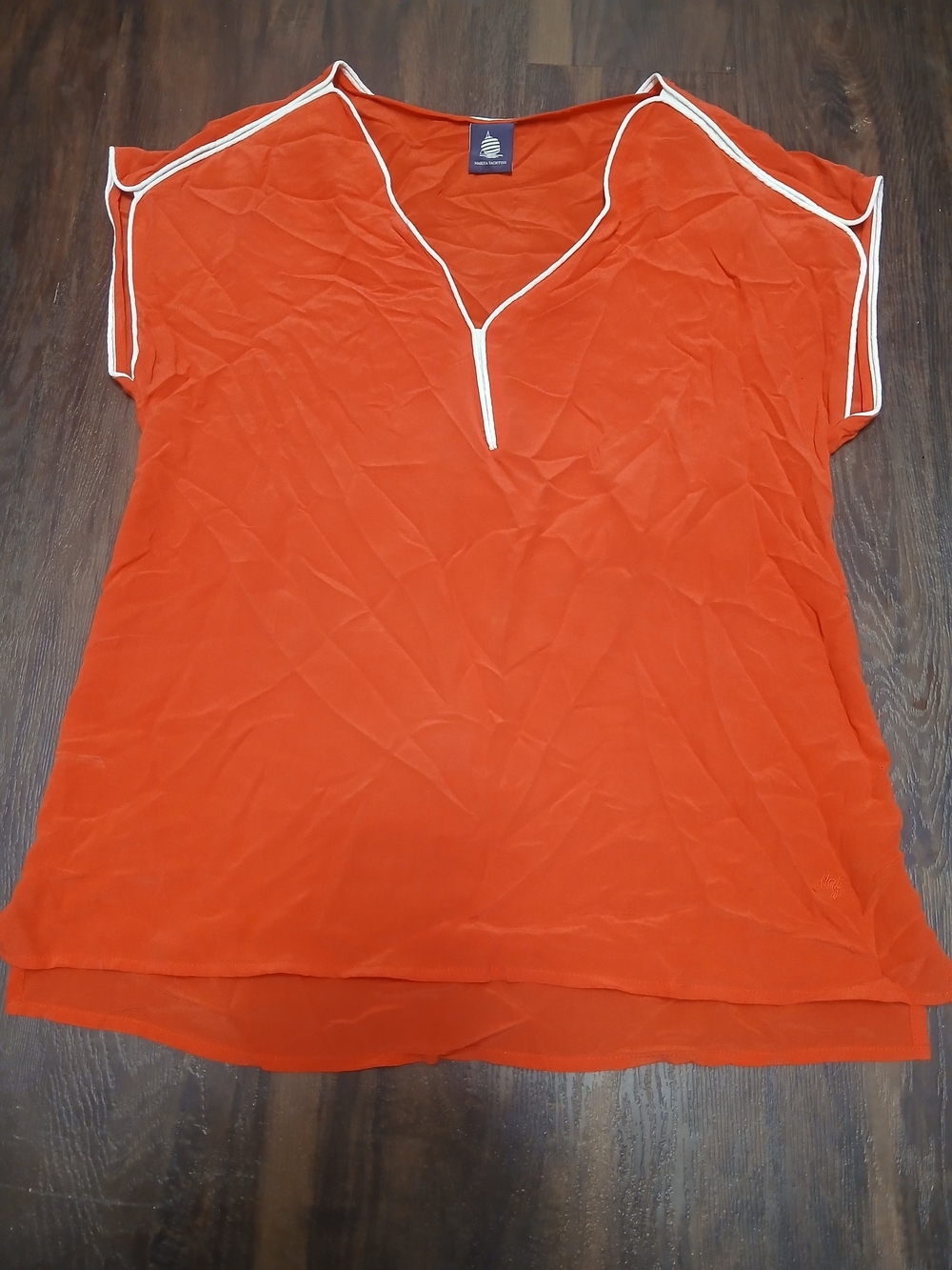 Red V-Neck Blouse with White Trim by